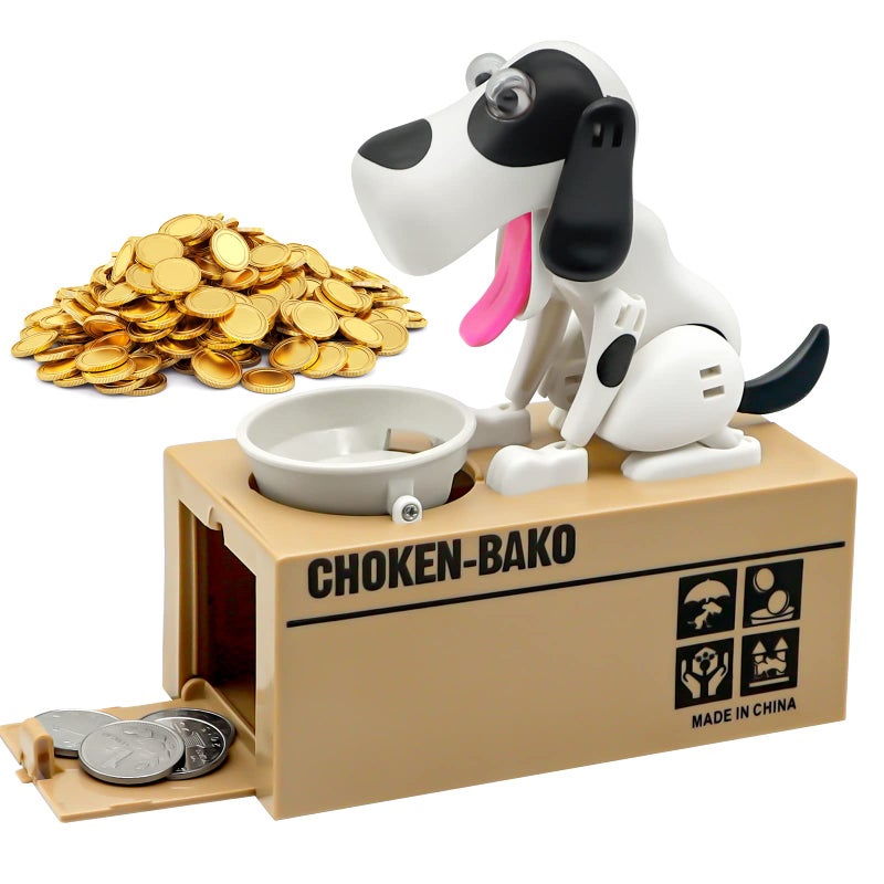 Saytay Cute Dog Piggy Bank,SAYTAY Hungry Puppy Stealing Coins Like Magic Coin Munching Money Bank Birthday Gift for Kids (White) - Image 1